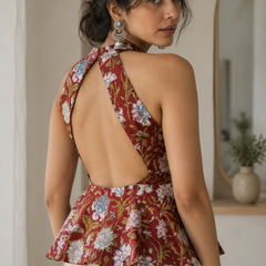 Maroon Floral Halter Neck Peplum Top for Women | Backless Cotton Top