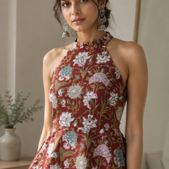 Maroon Floral Halter Neck Peplum Top for Women | Backless Cotton Top