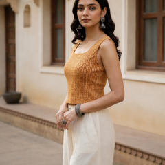 Mustard Yellow Handblock Printed Crop Top