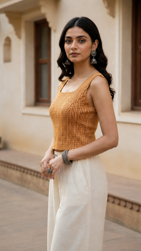 Mustard Yellow Handblock Printed Crop Top