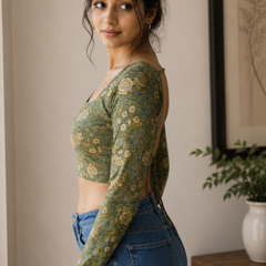 Olive Green Printed Cotton Top