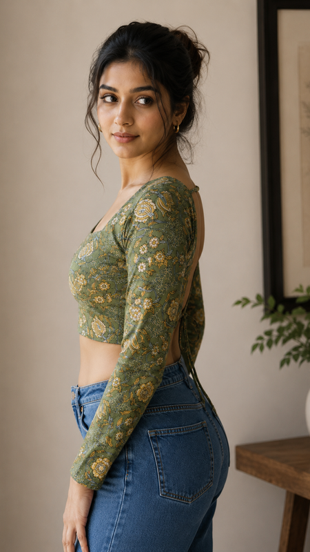 Olive Green Printed Cotton Top