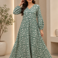 Premium Soft Cotton Elegant Green Floral Flare Dress