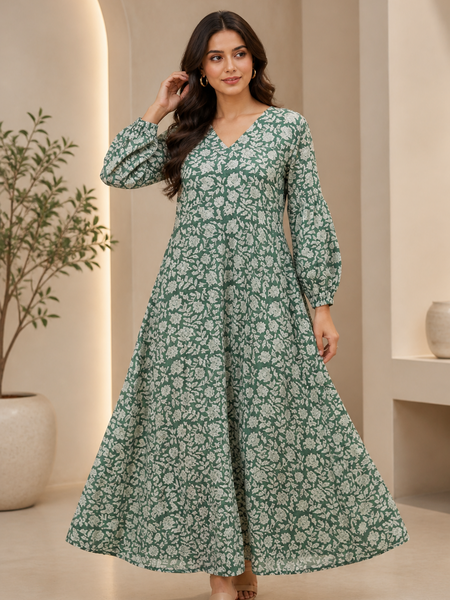 Premium Soft Cotton Elegant Green Floral Flare Dress