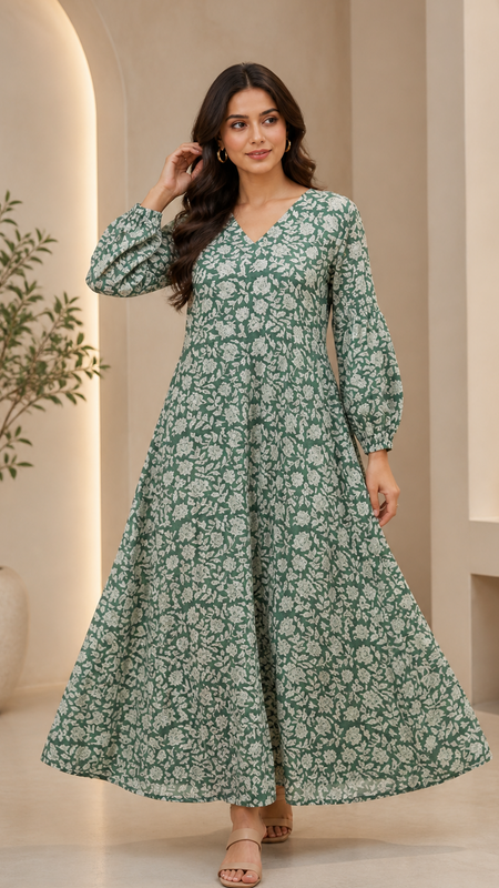 Premium Soft Cotton Elegant Green Floral Flare Dress