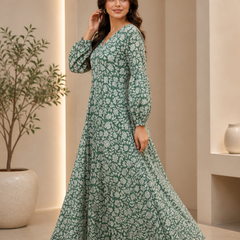 Premium Soft Cotton Elegant Green Floral Flare Dress