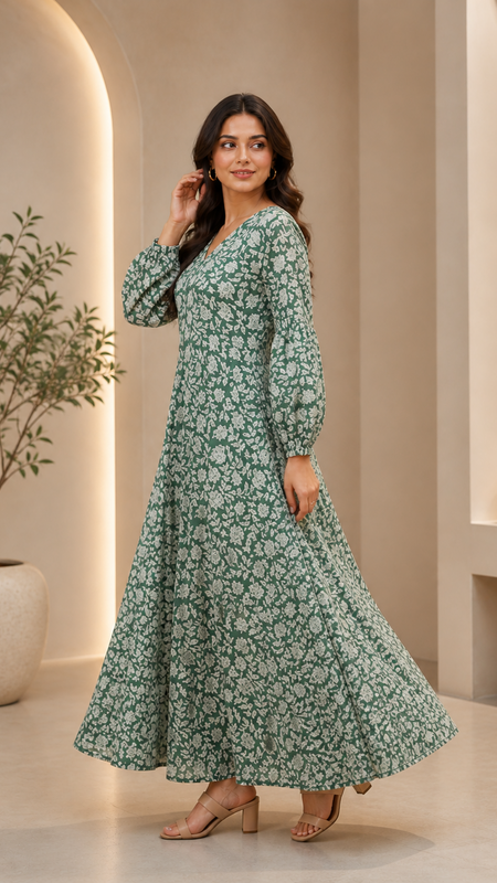 Premium Soft Cotton Elegant Green Floral Flare Dress