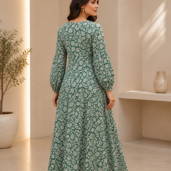 Premium Soft Cotton Elegant Green Floral Flare Dress