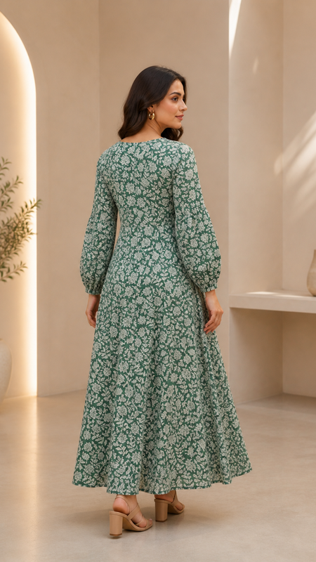 Premium Soft Cotton Elegant Green Floral Flare Dress
