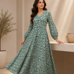 Premium Soft Cotton Elegant Green Floral Flare Dress