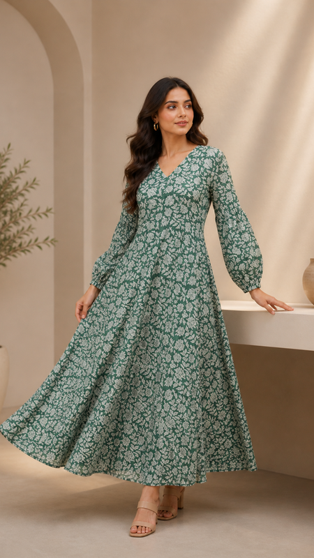 Premium Soft Cotton Elegant Green Floral Flare Dress