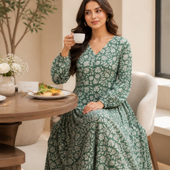 Premium Soft Cotton Elegant Green Floral Flare Dress