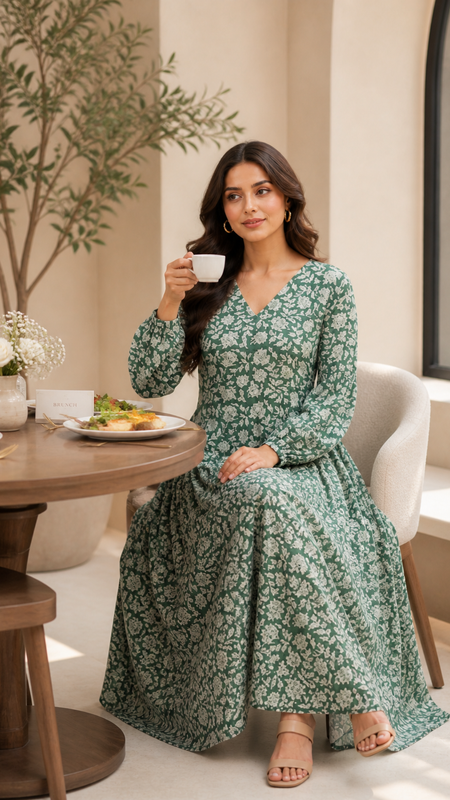 Premium Soft Cotton Elegant Green Floral Flare Dress