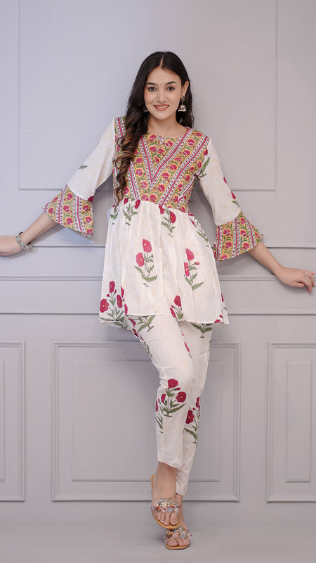 White Floral Peplum Kurta Set