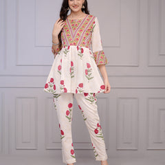 White Floral Peplum Kurta Set