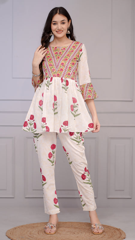 White Floral Peplum Kurta Set