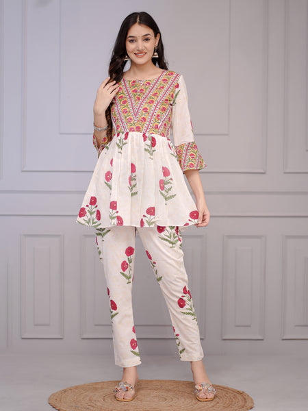 Gulbagh Block Print White Floral  Co-ord Set
