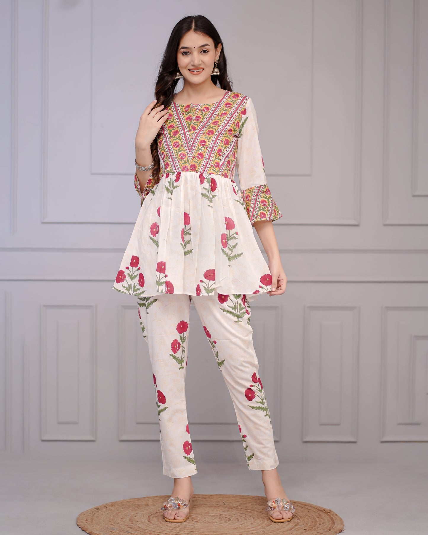 Gulbagh Block Print White Floral  Cord Set