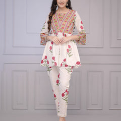 Gulbagh Block Print White Floral  Co-ord Set