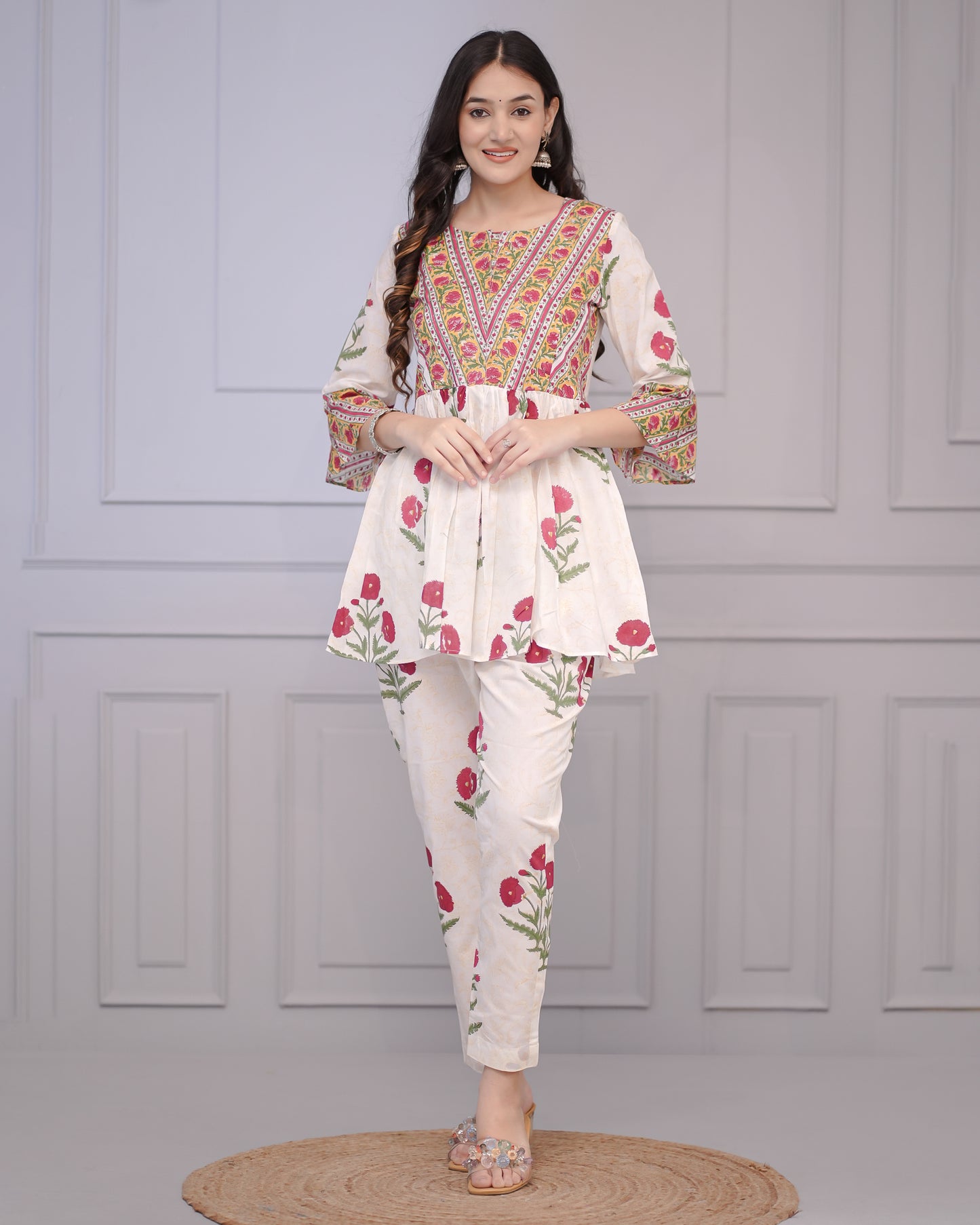 Gulbagh Block Print White Floral  Cord Set