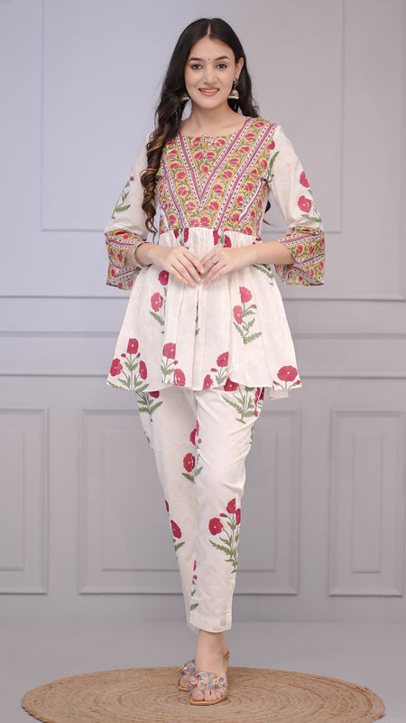 White Floral Peplum Kurta Set