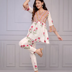 White Floral Peplum Kurta Set