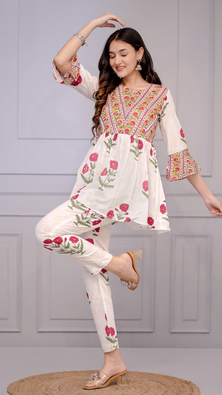 White Floral Peplum Kurta Set