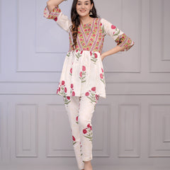 White Floral Peplum Kurta Set