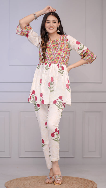 White Floral Peplum Kurta Set