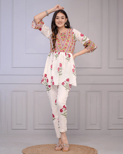 Gulbagh Block Print White Floral  Co-ord Set