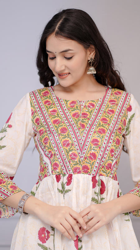 Gulbagh Block Print White Floral  Co-ord Set