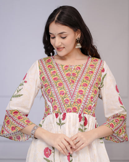 Gulbagh Block Print White Floral  Co-ord Set