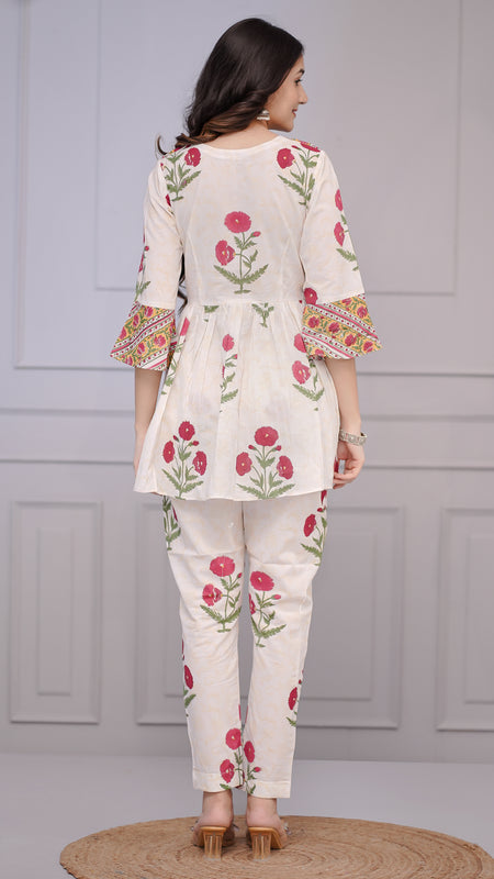 White Floral Peplum Kurta Set