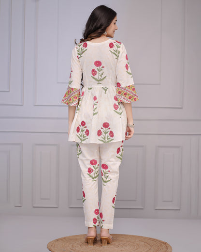 Gulbagh Block Print White Floral  Co-ord Set