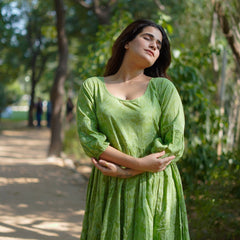 Niharika Pure Cotton Handblock Khari Print Green Dress