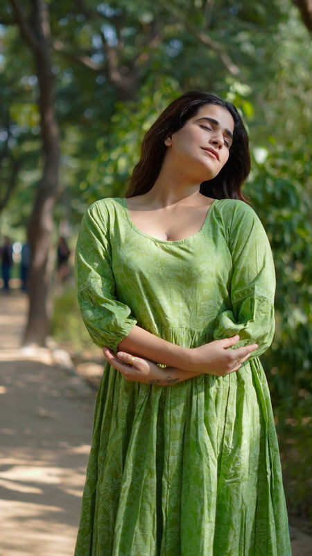 Niharika Pure Cotton Handblock Khari Print Green Dress