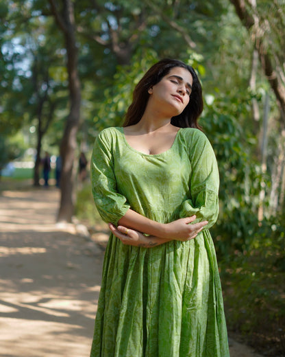 Niharika Pure Cotton Handblock Khari Print Green Dress