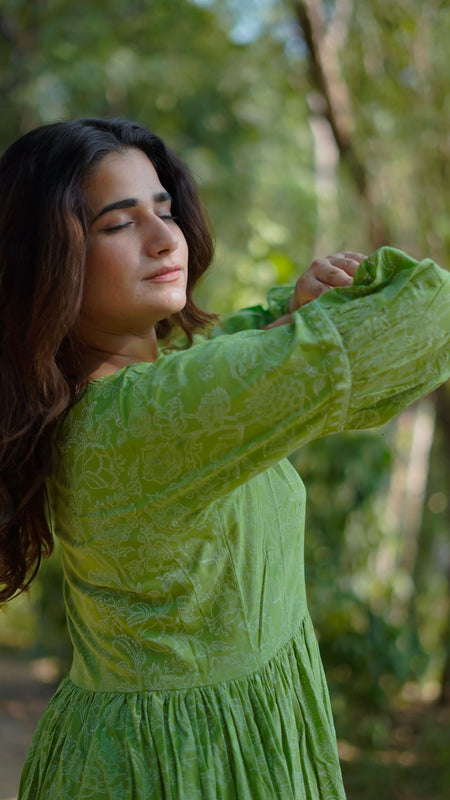 Niharika Pure Cotton Handblock Khari Print Green Dress