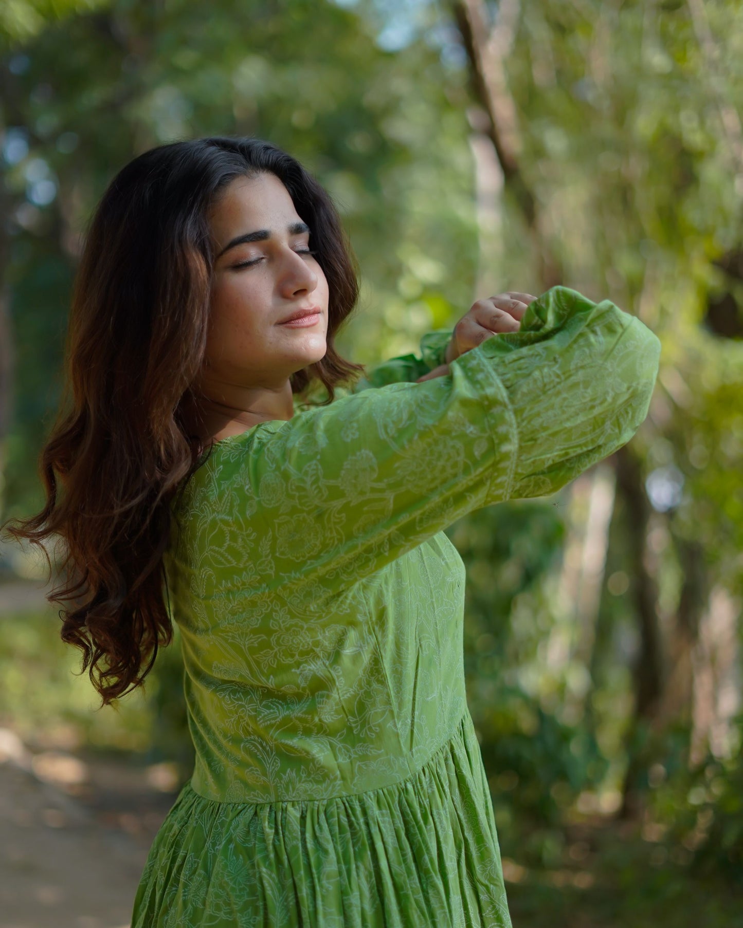 Niharika Pure Cotton Handblock Khari Print Green Dress