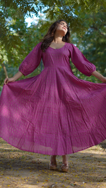 Aasha Pure Cotton Handblock Gold Print Long Dress – Ethnic Flared Dress