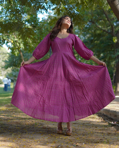 Aasha Pure Cotton Handblock Gold Print Long Dress – Ethnic Flared Dress