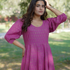 Aasha Pure Cotton Handblock Gold Print Long Dress – Ethnic Flared Dress