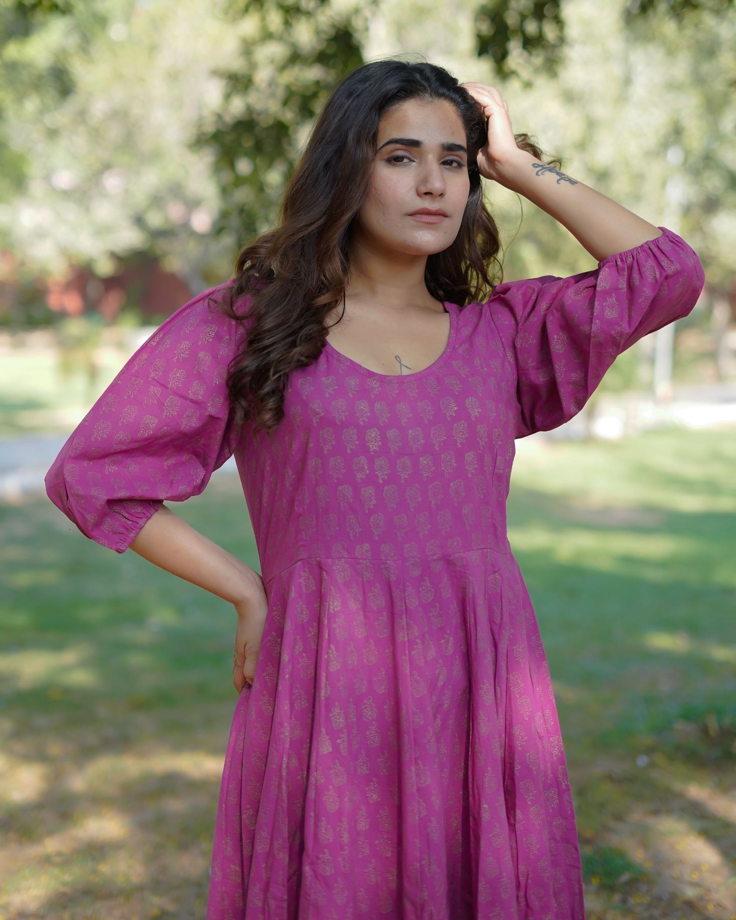 Aasha Pure Cotton Handblock Gold Print Long Dress – Ethnic Flared Dress