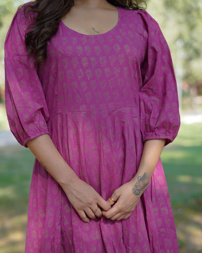 Aasha Pure Cotton Handblock Gold Print Long Dress – Ethnic Flared Dress