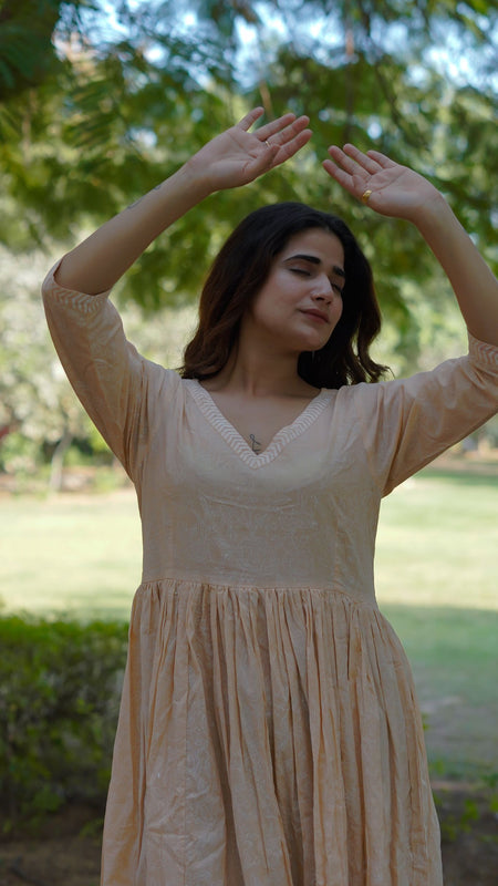 Avantika Handblock Khari Print Elegance Cotton Dress | Flared Traditional Outfit