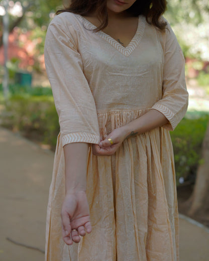 Avantika Handblock Khari Print Elegance Cotton Dress | Flared Traditional Outfit