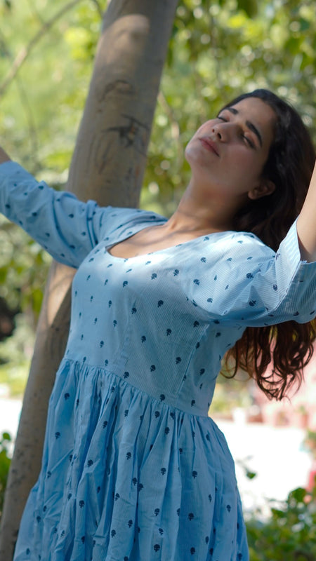 NeelKriti – Pure Cotton Handblock Khari Print Long Flared Dress | Ethnic Casual Wear for Women