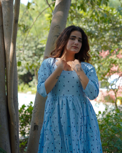 NeelKriti – Pure Cotton Handblock Khari Print Long Flared Dress | Ethnic Casual Wear for Women