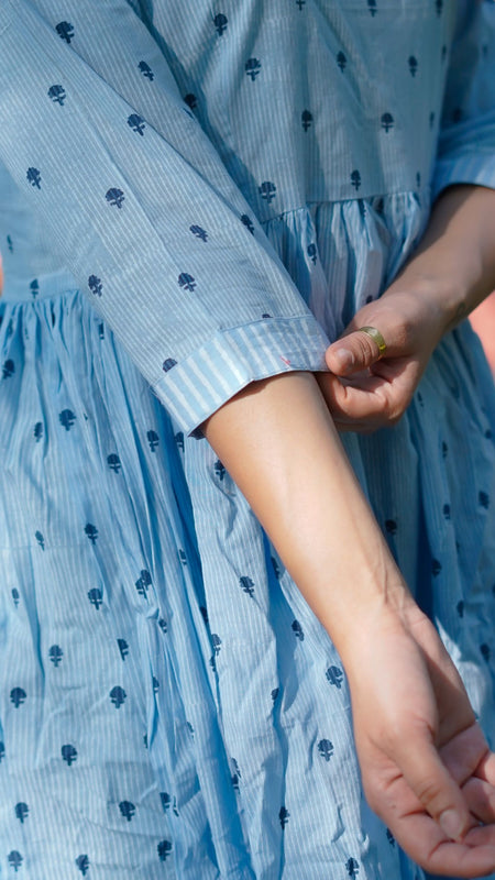 NeelKriti – Pure Cotton Handblock Khari Print Long Flared Dress | Ethnic Casual Wear for Women