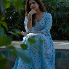 NeelKriti – Pure Cotton Handblock Khari Print Long Flared Dress | Ethnic Casual Wear for Women